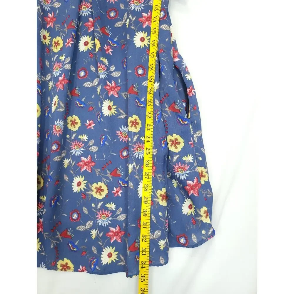 Davi &‎ Dani Blue Floral Shift Tunic Dress Women L Pleated Front Lined Flowey